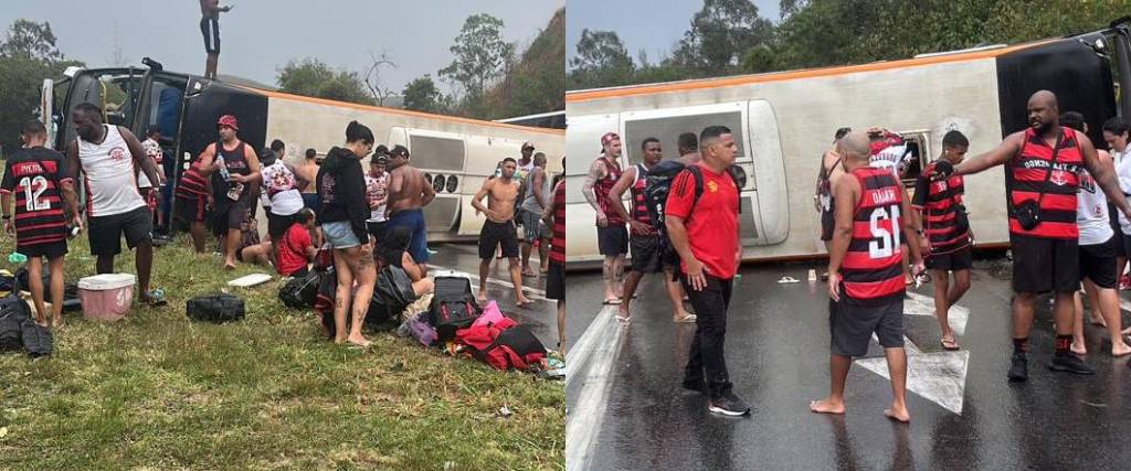 Un bus que transportaba hinchas de Flamengo a Buenos Aires se volcó en la autopista hacia San Pablo. Un bus que transportaba hinchas de Flamengo a Buenos Aires se volcó en la autopista hacia San Pablo.