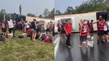 Bus con hinchas de Flamengo vuelca y accidente termina con heridos de gravedad Bus con hinchas de Flamengo vuelca y accidente termina con heridos de gravedad