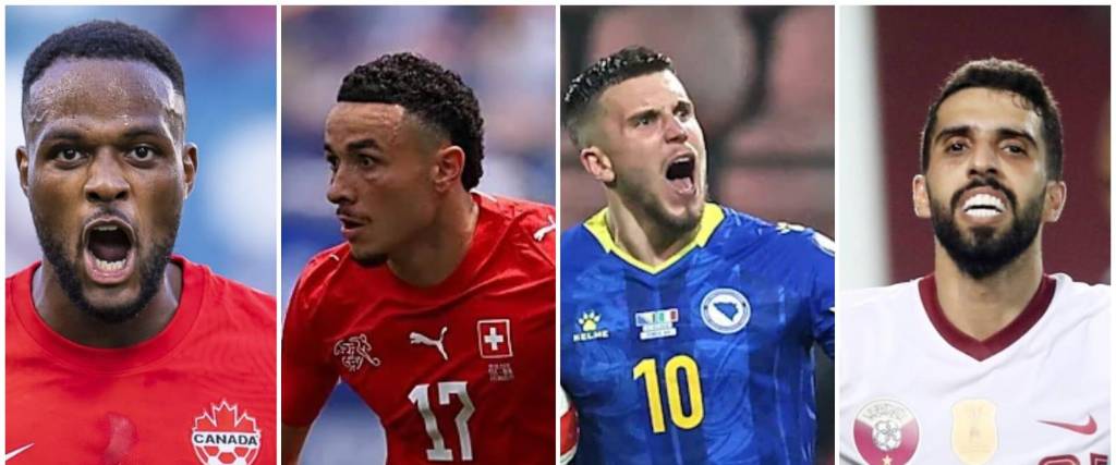 Larín de Canadá (izq.), Vargas de Suiza, Demirovic de Bosnia y Al-Haidos de Qatar.