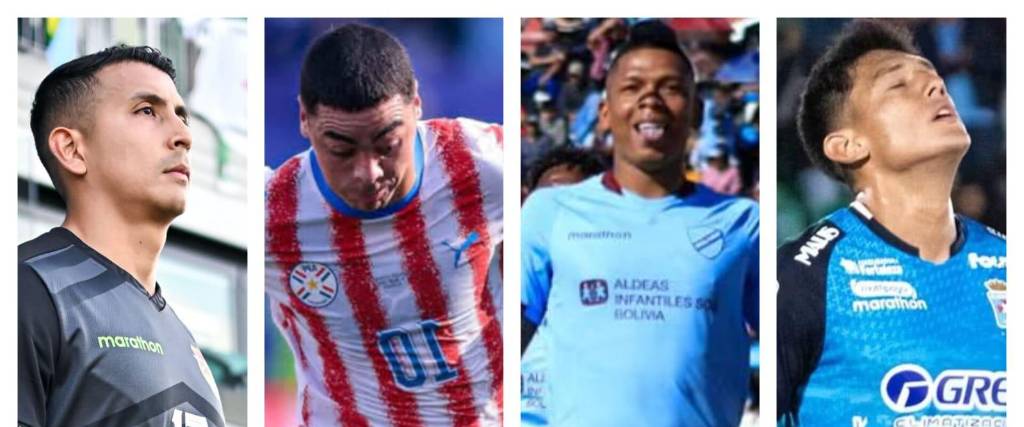 Fernández de la selección boliviana (izq.), Almiron de Paraguay, Arce de Bolívar y Menacho de Blooming.