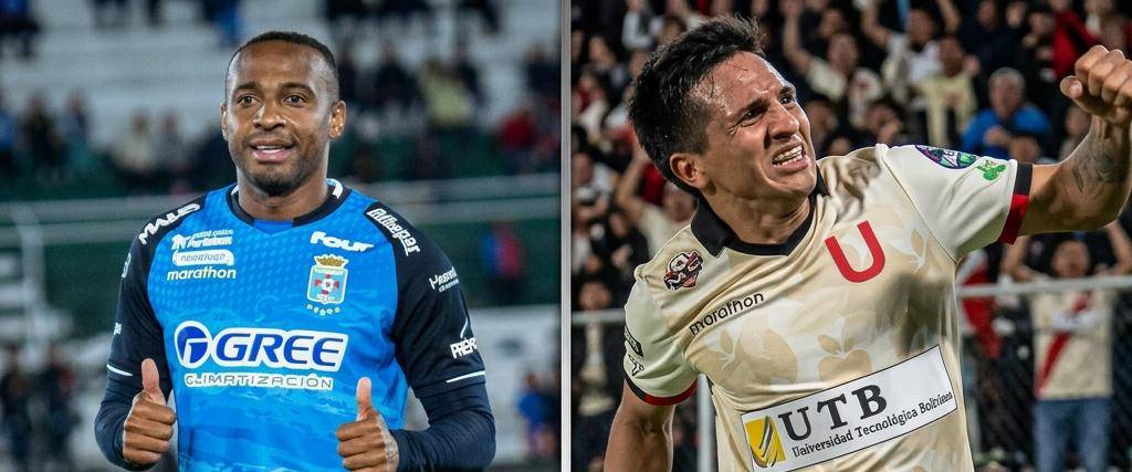 El delantero Byron Garcés de Blooming (izq.) y el atacante Guilder Cuéllar de FC Universitario. 