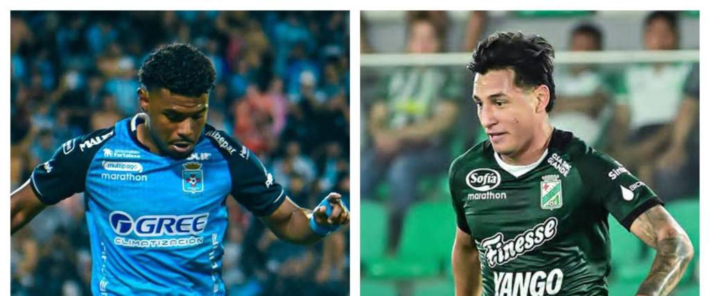 El mediocampista de Blooming Roberto Hinojosa (izq.) y el delantero de Oriente Petrolero José Flores. 