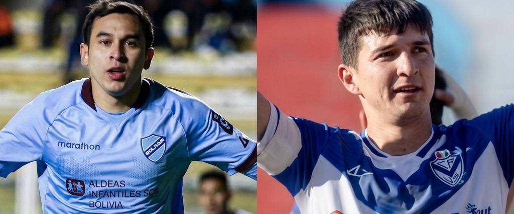 Bruno Miranda, delantero de Bolívar (izq.) y Alex Cáceres de GV San José.