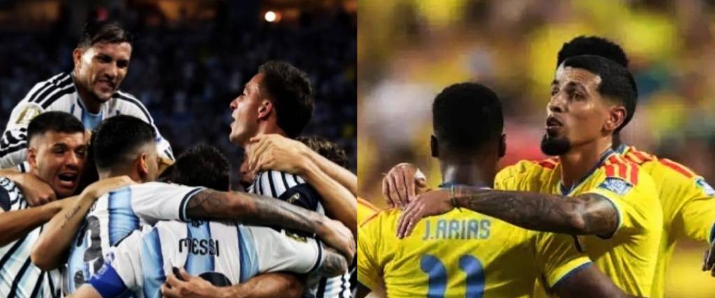 La celebración de los jugadores de Argentina (izq.) y de Colombia.