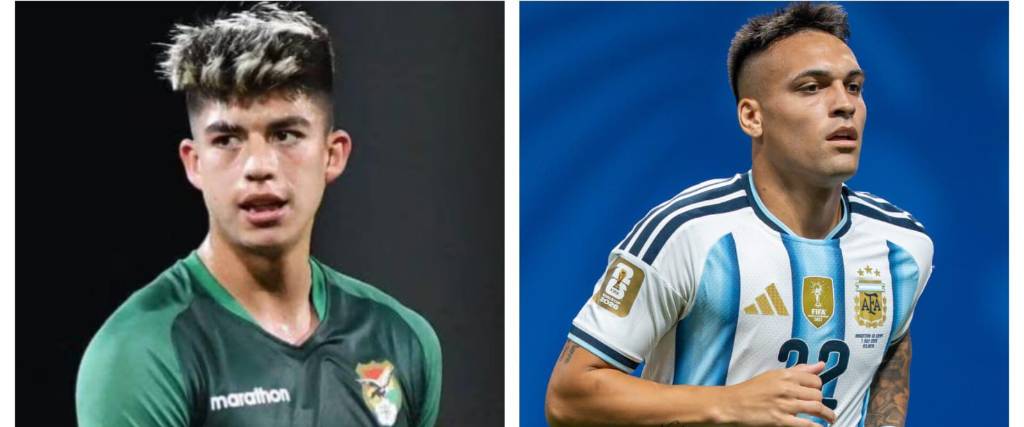 Gabriel Villamil de la selección boliviana (izq.) y Lautaro Martínez de la selección de Argentina.