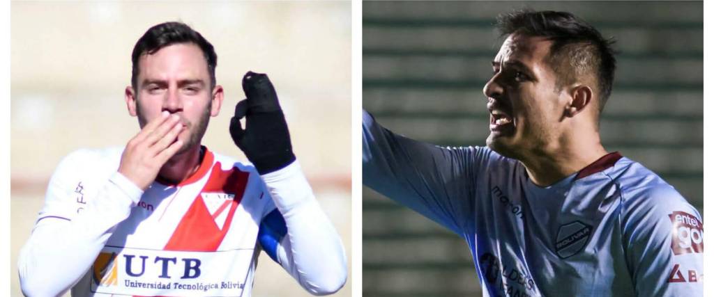 El mediocampista de Always Ready Fernando Saucedo (izq.) y Leonel Justiniano de Bolívar.