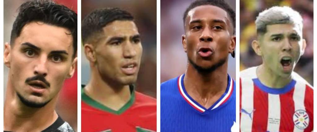 El canadiense Eustaquio (izq.), el marroquí Hakimi, el francés Olise y el paraguayo Enciso.