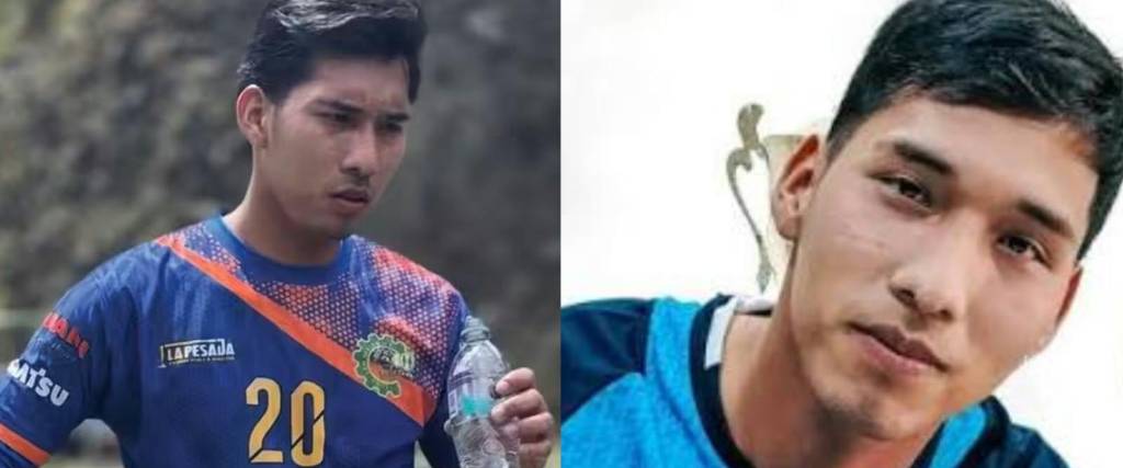 Jeyson Chura, con la camiseta de su equipo en el torneo minero (izq.) y en la firma con el club de Blooming.