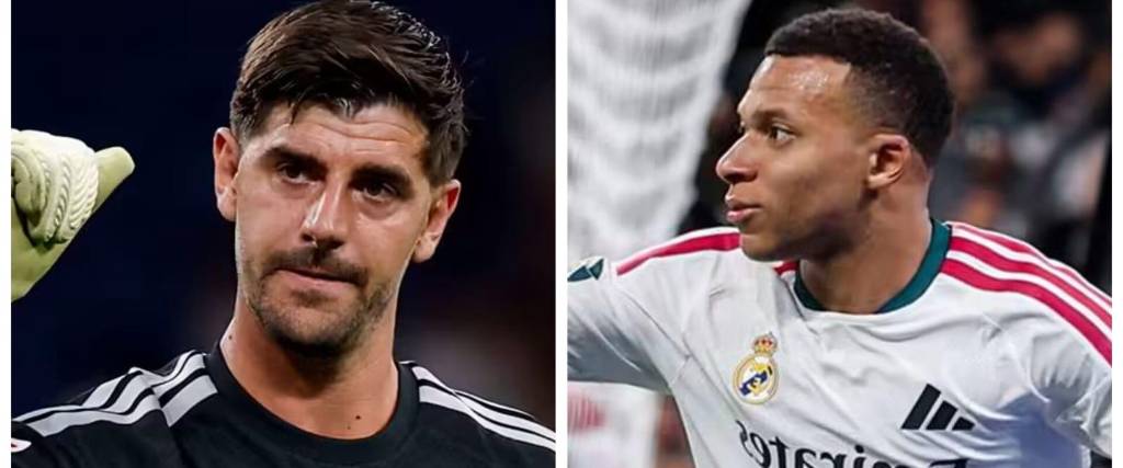 Thibaut Courtois, guardameta de Real Madrid (izq.), y el delantero francés Kylian Mbappé.
