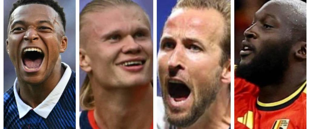 El francés Mbappé (izq.), el noruego Haaland, el inglés Kane y el belga Lukaku.