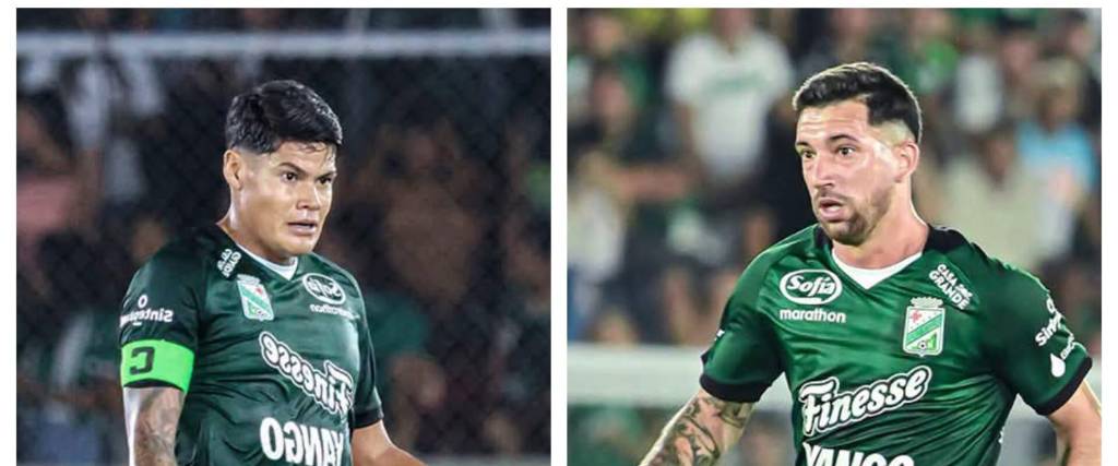 El capitán de Oriente Petrolero Jorge Lovera (izq.) y el goleador Nahuel Roldán.