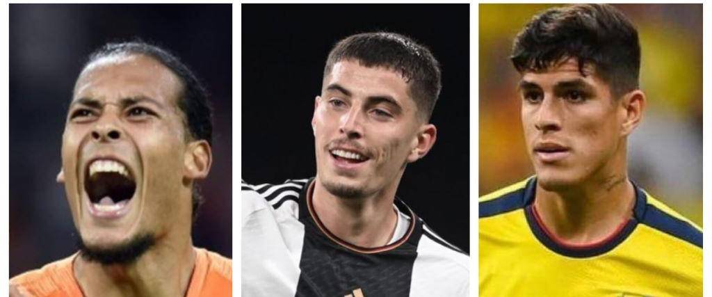 El neerlandés Van Dijk (izq.), el alemán Havertz y el ecuatoriano Hincapié.
