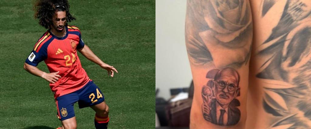 Marc Cucurella, defensor de la selección de España, se tatuó la cara de su entrenador en el codo izquierdo.