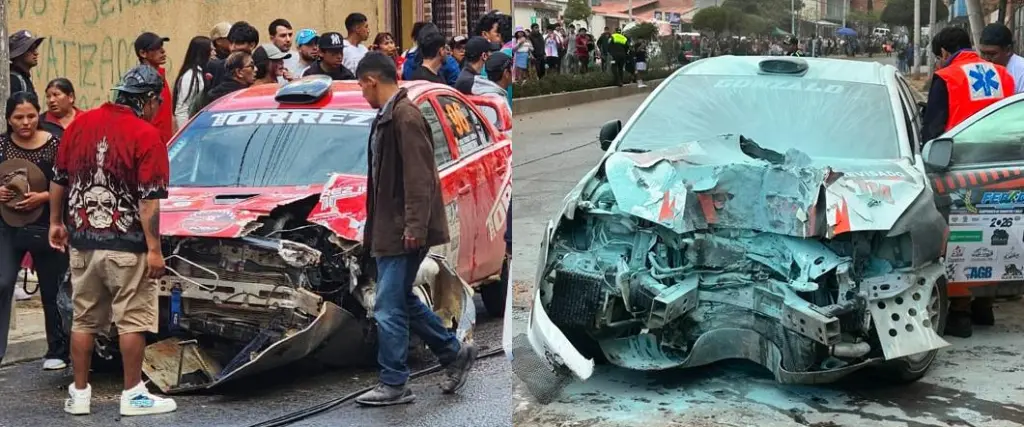 Así quedaron dos de los coches de la competencia que se corrió en Sucre tras distintos accidentes.