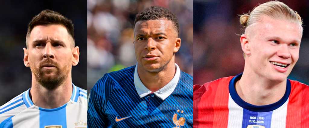 Lionel Messi, Kylian Mbappé y Erling Haaland maximos goleadores de sus paises.