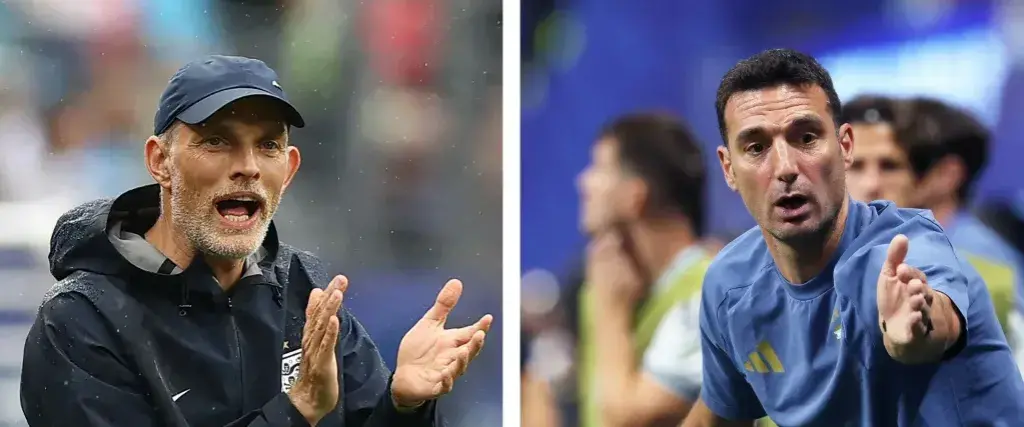 El entrenador de Inglaterra Thomas Tuchel (izq.) y el entrenador de Argentina Lionel Scaloni.