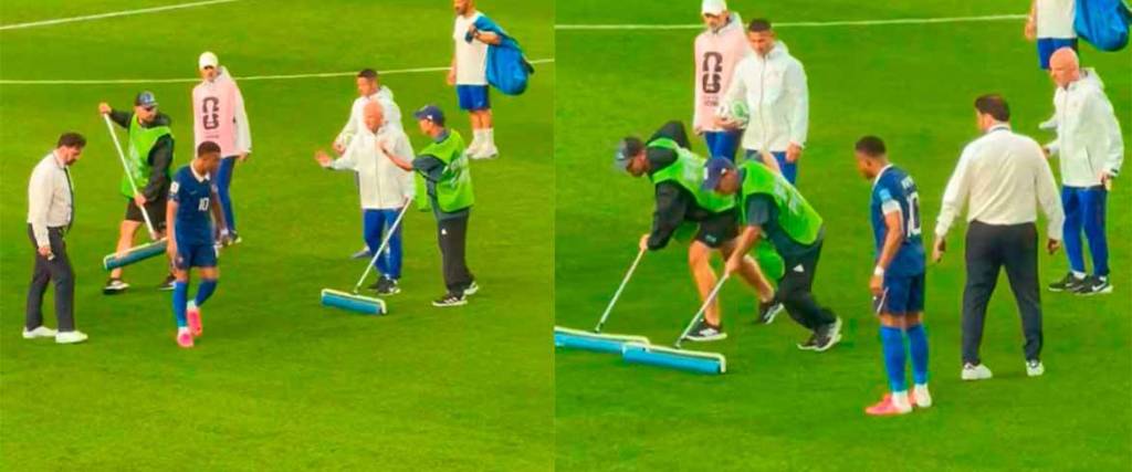 Captan a Kylian Mbappé dando instrucciones a trabajadores sobre cómo sacar el agua del campo de juego
