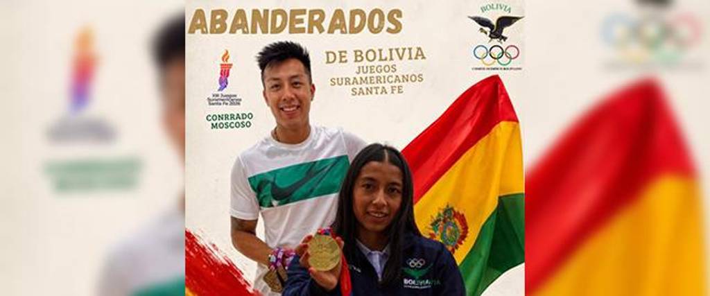 Conrrado Moscoso (izq.) y Valeria Quispe, los abanderados de Bolivia en los Juegos Suramericanos. 