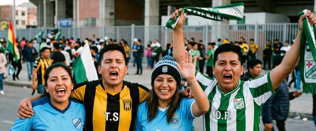 Hinchas de los clubes Bolívar (izq.), The Strongest, Blooming y Oriente Petrolero. 