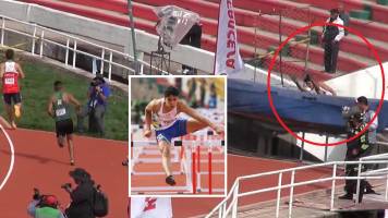 Video: Atleta ecuatoriano no logra frenar tras carrera y cae a una fosa en el estadio de Sucre