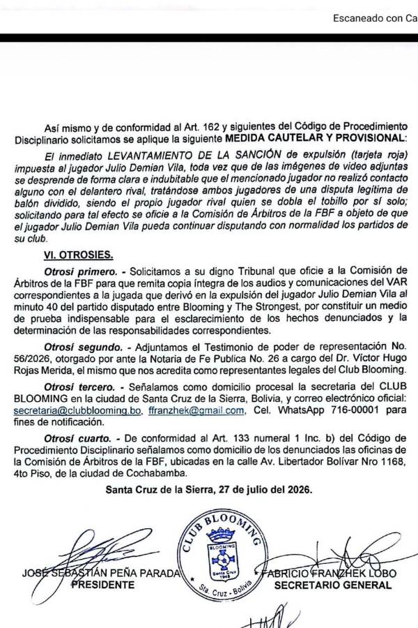 La demanda de Blooming presentada ante el Tribunal de Disciplina Deportiva. 