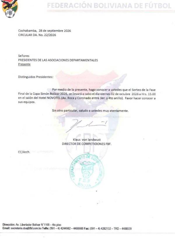 La Dirección de Competiciones de la FBF confirma el sorteo para este viernes.