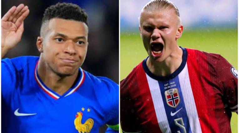 El delantero francés Mbappé (izq.) y el atacante noruego Haaland.