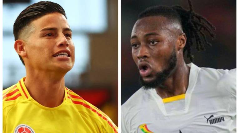 El colombiano James Rodríguez (izq.) y el ghanés Antoine Semenyo.