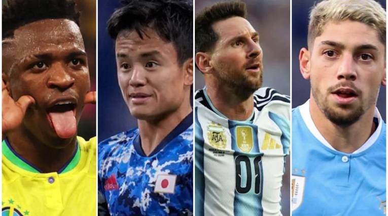 Vinicius de Brasil (izq.), Kubo de Japón, Messi de Argentina y Valverde de Uruguay.