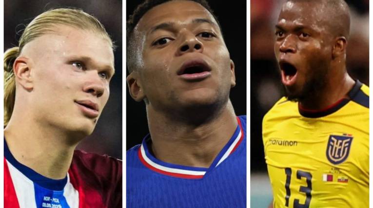 El noruego Haaland (izq.), el francés Mbappé y el ecuatoriano Valencia.
