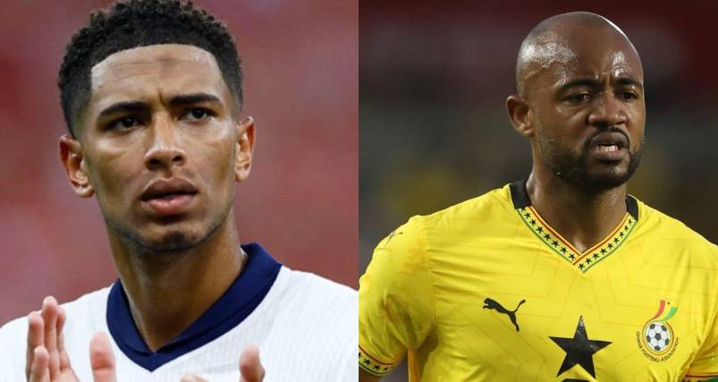 El inglés Jude Bellingham (izq.) y el ghanés Jordan Ayew.