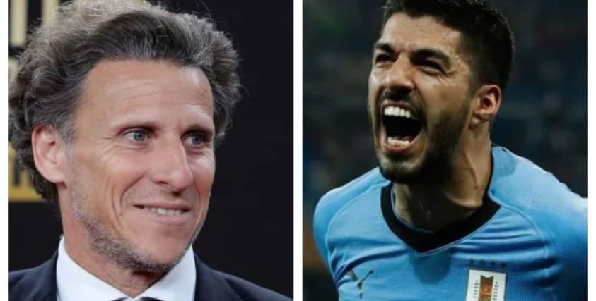 El entrenador interino de Uruguay, Diego Forlán (izq.), y Luis Suárez, delantero charrúa.
