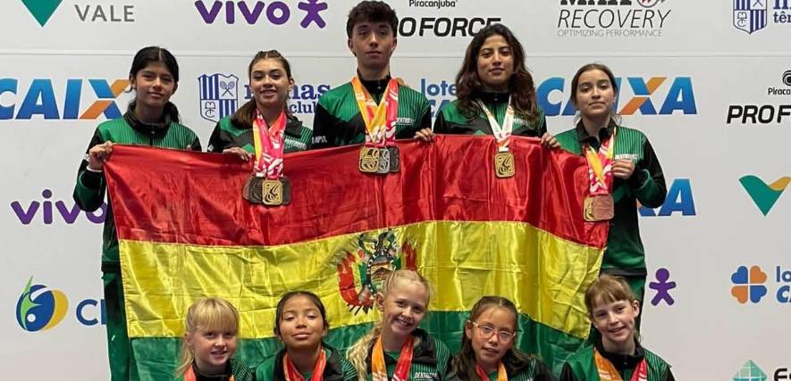El equipo boliviano que participó en Brasil en el Sudamericano de Gimnasia Trampolín.