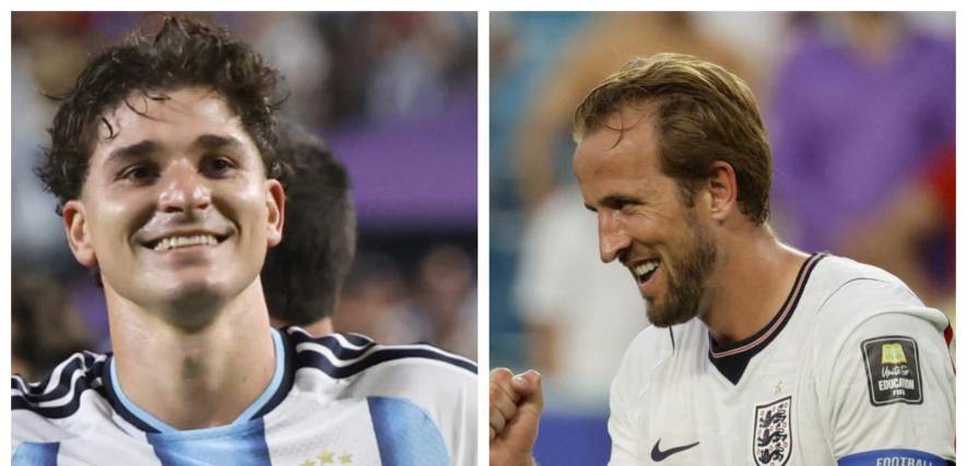 El argentino Julián Álvarez (izq.) y el inglés Harry Kane. 