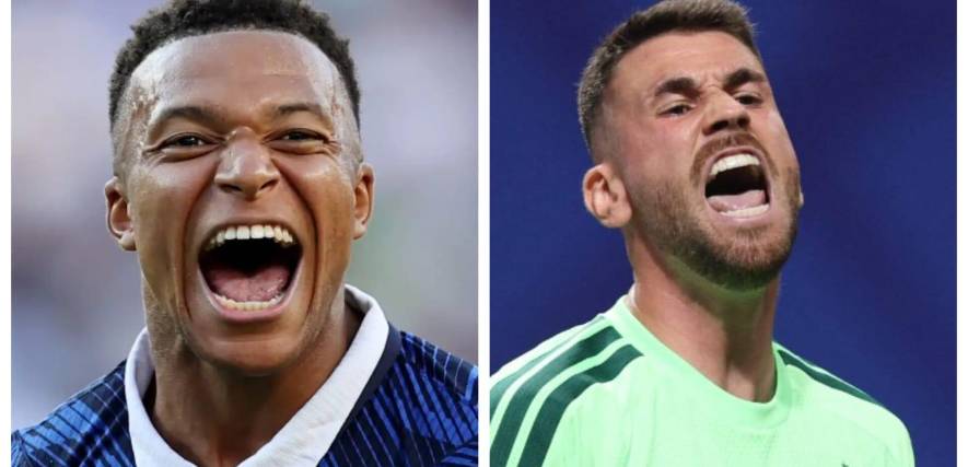 El delantero francés Kylian Mbappé (izq.) y el guardameta español Unai Simón.
