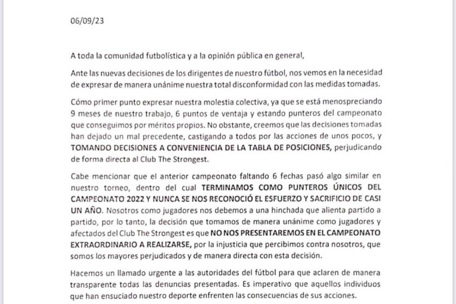 Comunicado de jugadores de The Strongest, en el que señalan, que no se presentarán a los partidos, del próximo torneo.