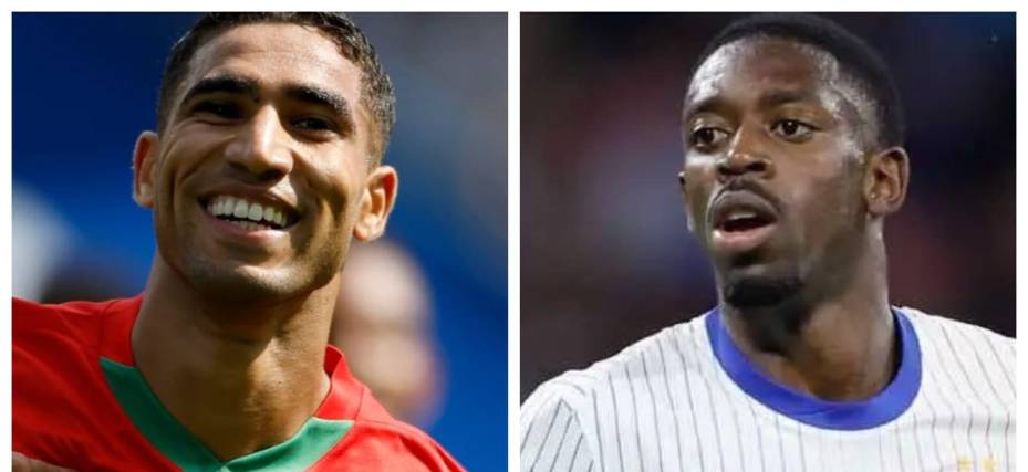 El marroquí Hakimi (izq.) y el francés Dembelé.