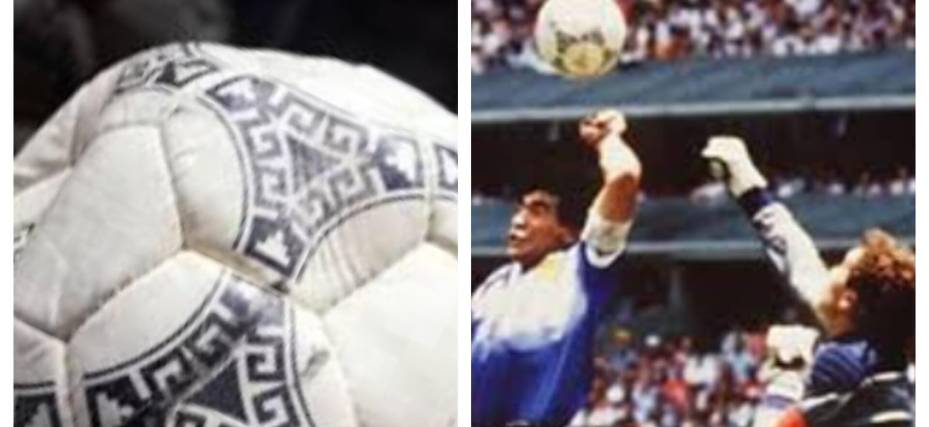 El balón (izq.) que utilizó Diego Maradona para marcar el gol con la mano en el Mundial 1986.