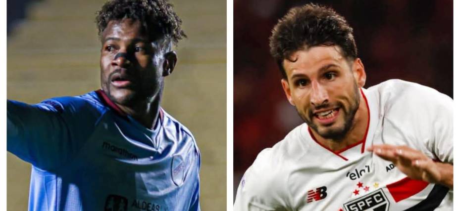 El delantero de Bolívar Dairon Asprilla (izq.) y el atacante de Sao Paulo Jonathan Calleri. 