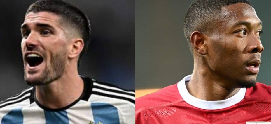 El argentino Rodrigo De Paul (izq.) y el austríaco David Alaba.